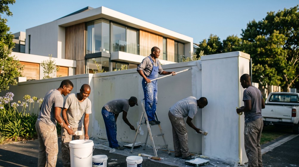 Professional team painting a boundary wall at a modern home in Sandown