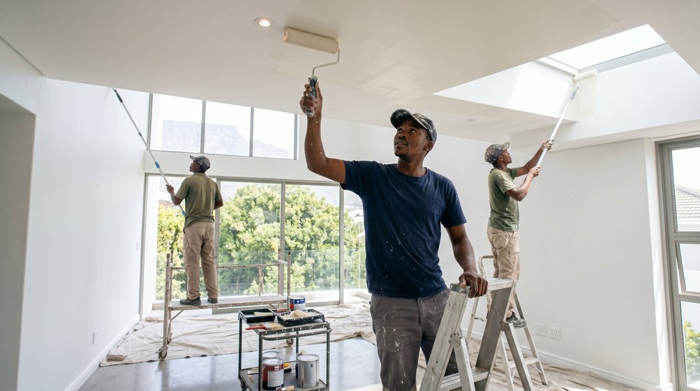 Professional ceiling painters rolling white paint onto a high ceiling in Sandown