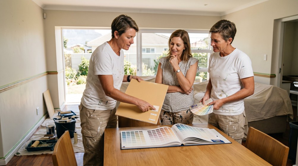 Professional colour consultant showing paint swatches to a homeowner in Sandown