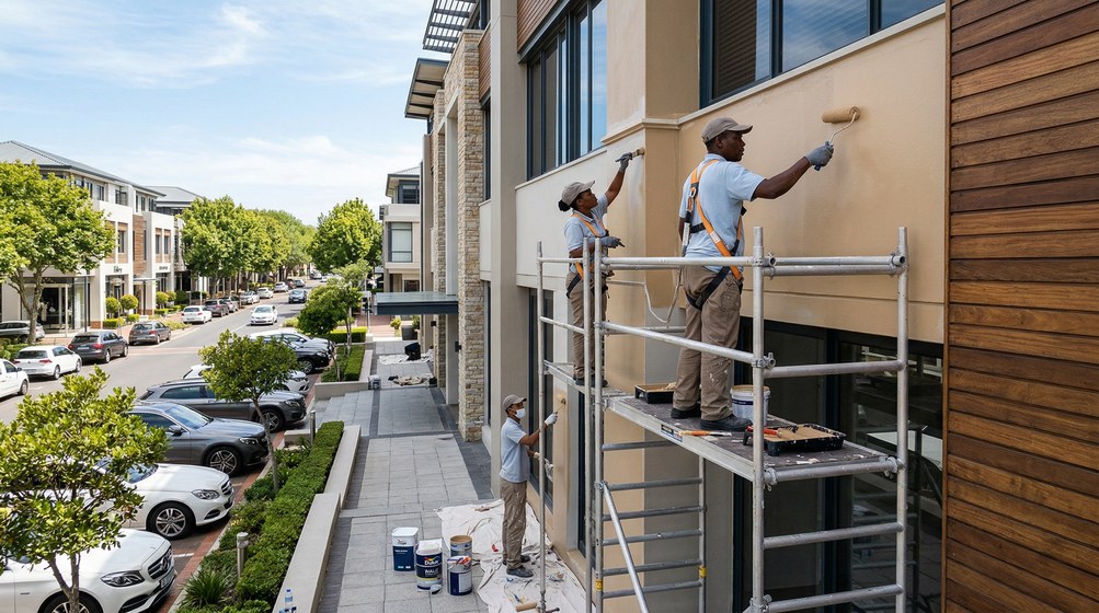 Professional commercial painters on scaffolding painting a building in Sandown