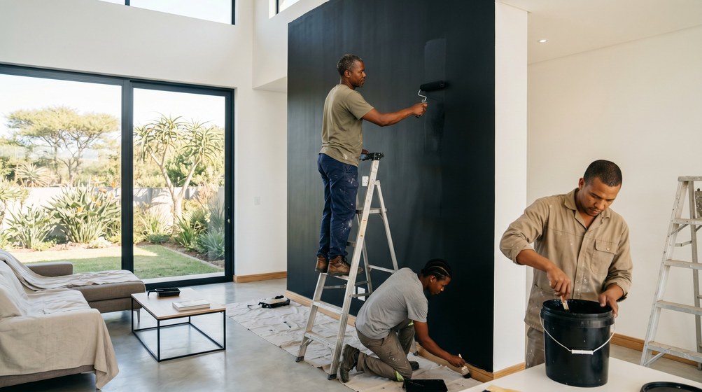 Professional painters creating a bold black feature wall in a modern Sandown home