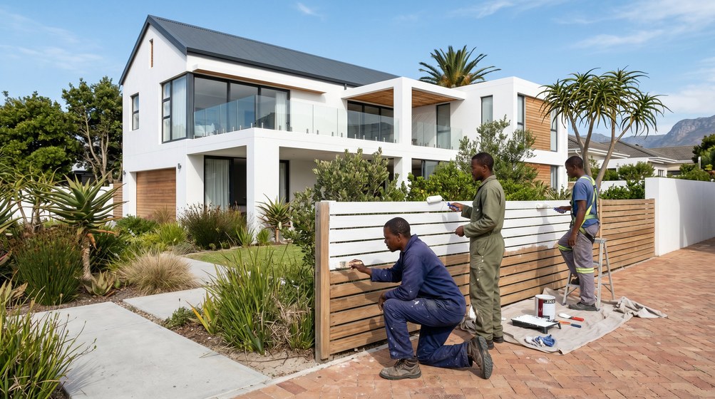 Professional fence painters painting a wooden fence at a Sandown home in Sandown
