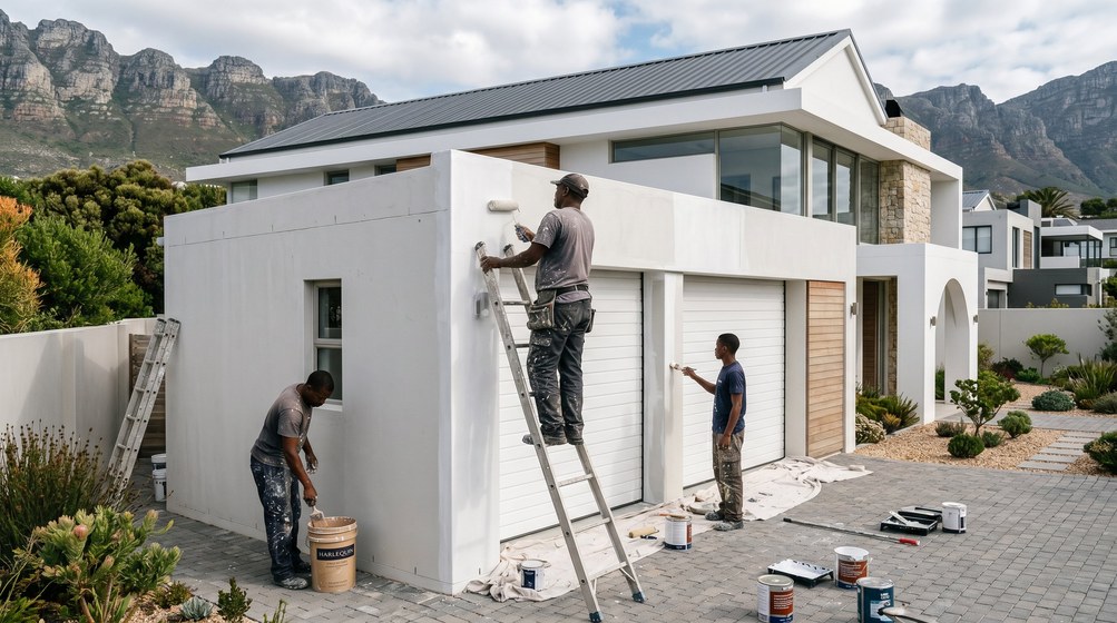 Professional painters painting a double garage exterior and garage doors in Sandown