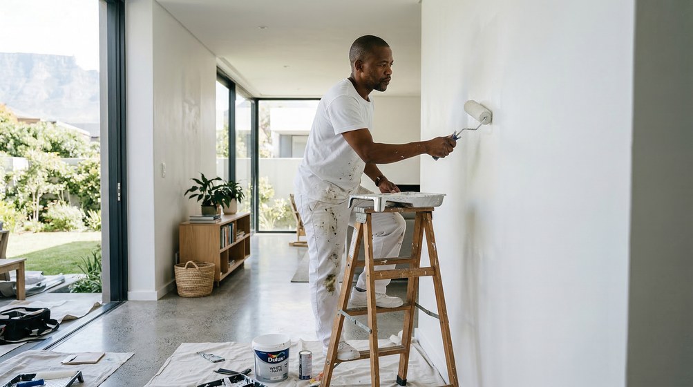 Professional interior painter in Sandown painting walls with a roller