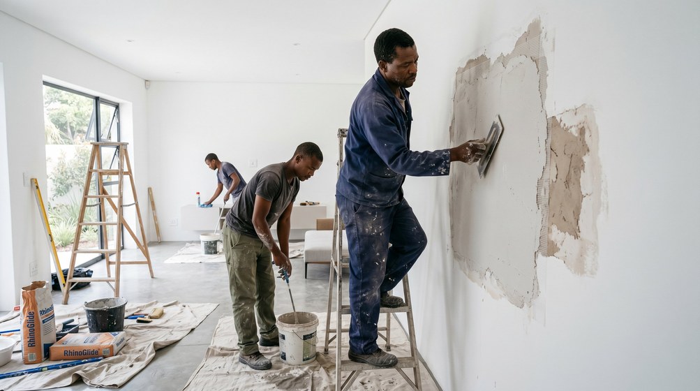 Professional plaster repair team skim coating damaged walls in Sandown