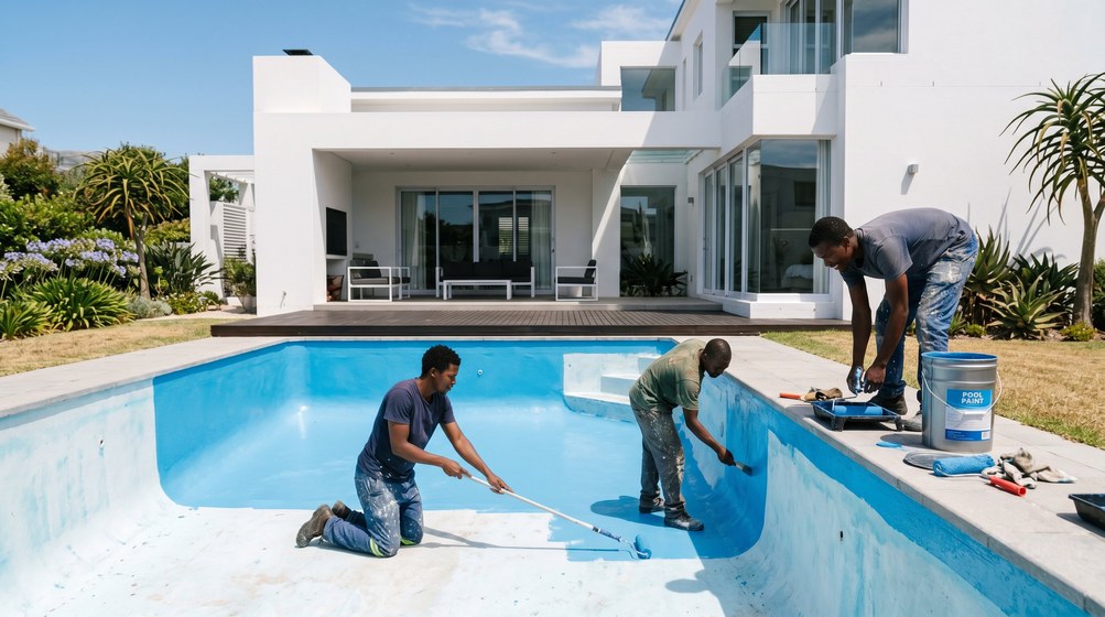 Professional pool painters applying blue pool paint to a swimming pool in Sandown