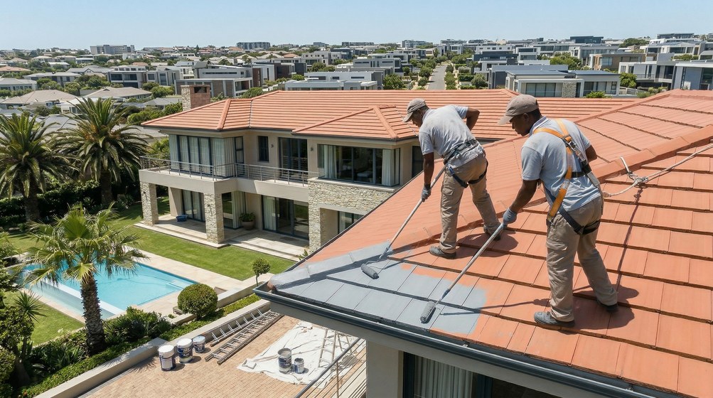 Professional roof painters applying waterproof coating to tiled roof in Sandown