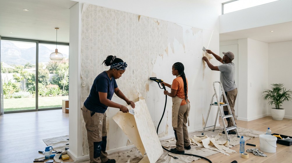Professional wallpaper removal team stripping old wallpaper in a Sandown home