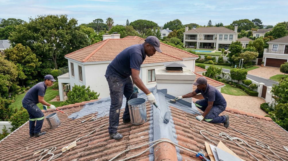 Professional waterproofing team applying membrane to roof in Sandown