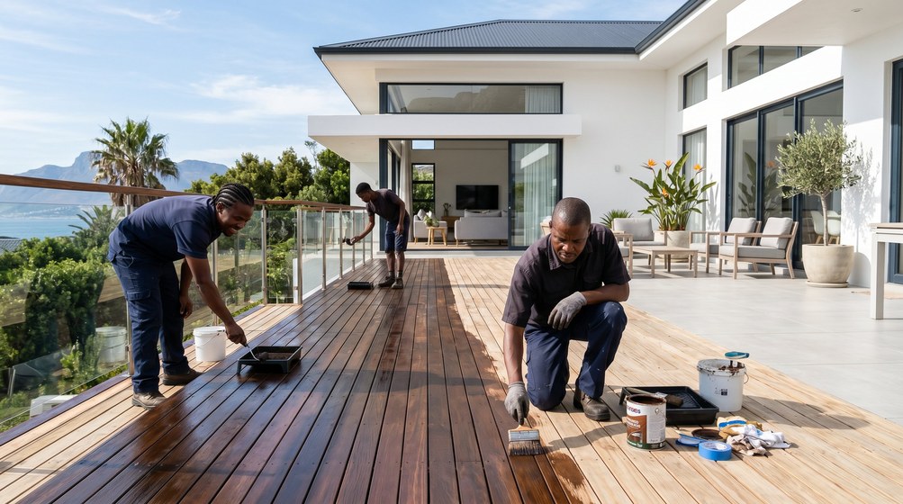 Professional wood staining team applying deck stain on a home in Sandown